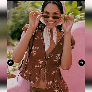 Puff Sleeves Tie Front Brown Floral Top Cottage Core feminine Ruffles Vintage In